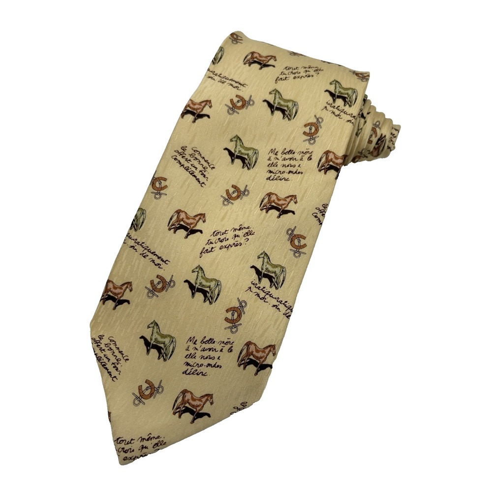 Men's Horse Tie 100% Silk Chinese Yellow Brown Green Horses Designer EUC NWT